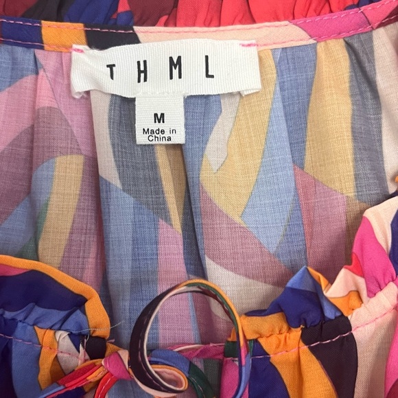 THML Smocked Puff Sleeve Multicolor Midi Dress Sz M - Picture 7 of 9